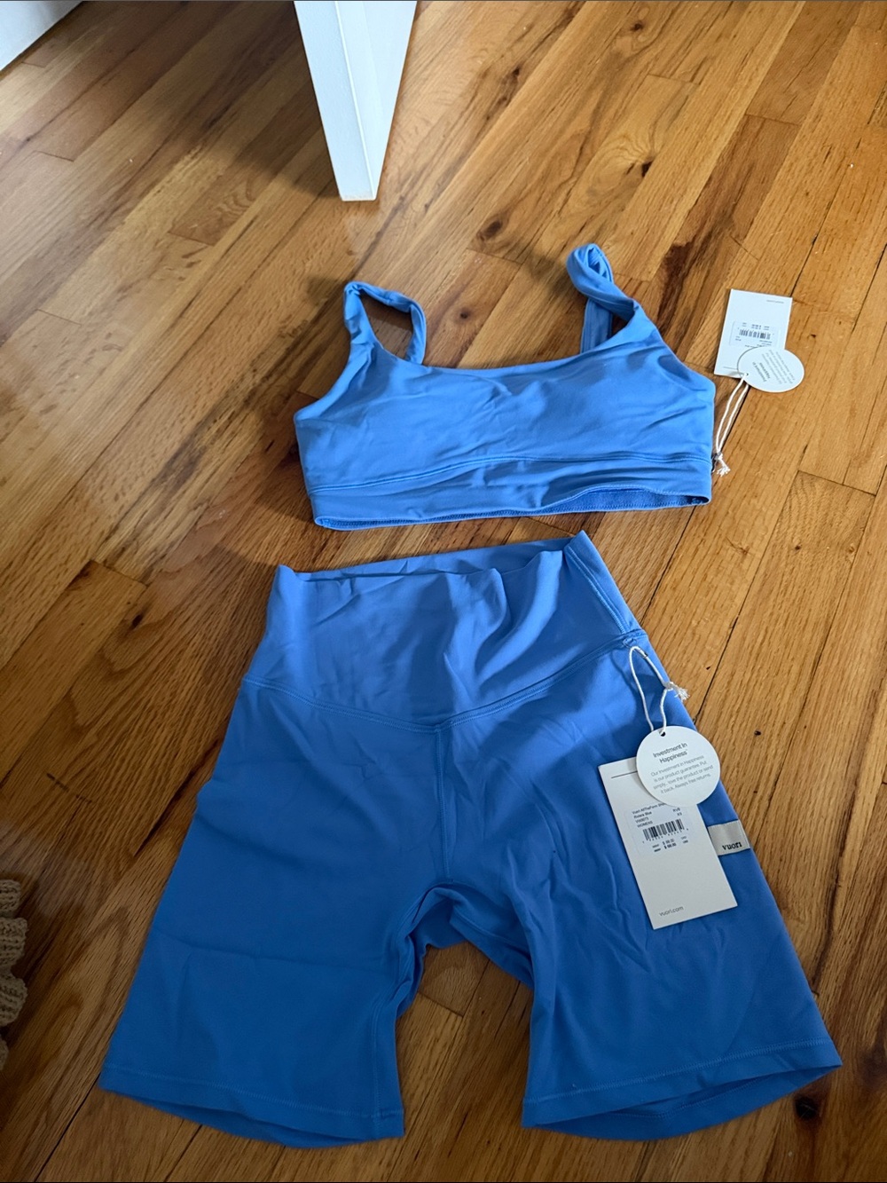vuori Light Blue Active Crop Top and High-Waist Biker Shorts Set
